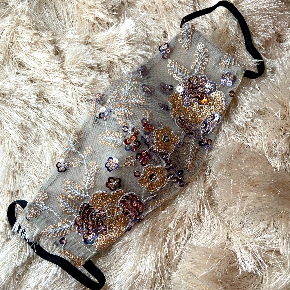Hand Made Grey Silver embroidered sequin face mask, S
